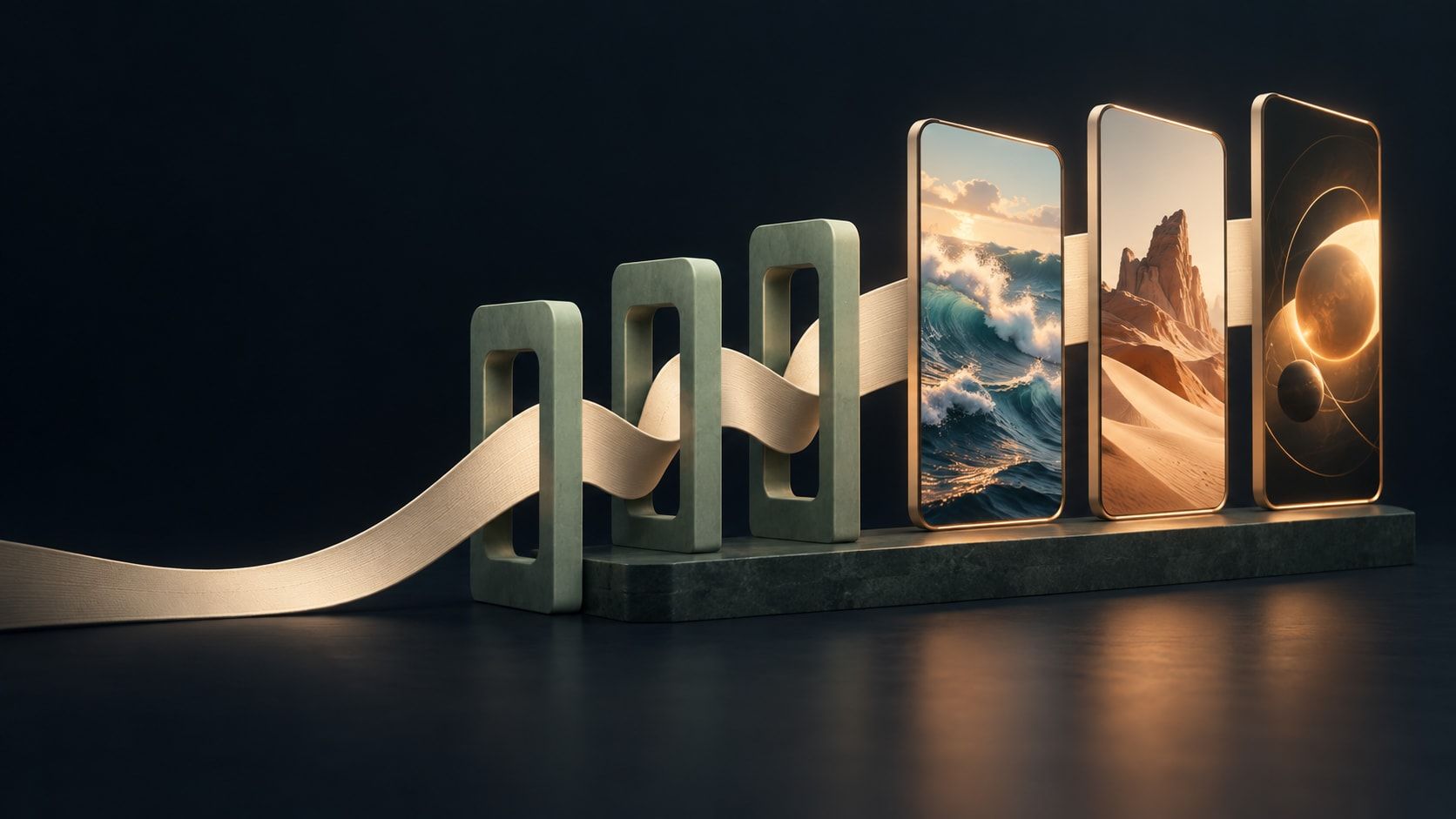 Illustration: a ribbon of ideas passing through frames and becoming vertical videos